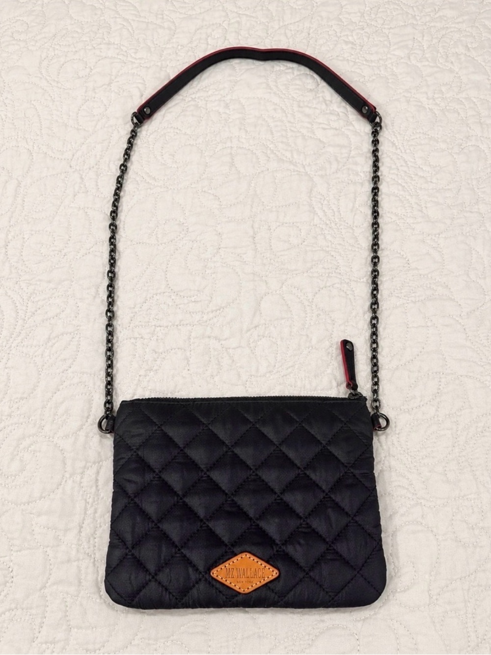 MZ Wallace Black Quilted Crossbody Bag with Red Accents